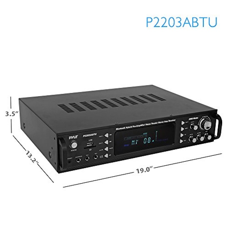 Pyle 4채널 Bluetooth 홈 전력 증폭기 - 2000W 오디오 스테레오 수신기(스피커 선택기, AM FM 라디오, USB/SD 카드 리더기, 노래방 마이크 입력 포함) - 홈 엔터테인먼트 시스템 P2203ABTU