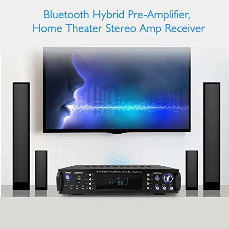 Pyle 4채널 Bluetooth 홈 전력 증폭기 - 2000W 오디오 스테레오 수신기(스피커 선택기, AM FM 라디오, USB/SD 카드 리더기, 노래방 마이크 입력 포함) - 홈 엔터테인먼트 시스템 P2203ABTU