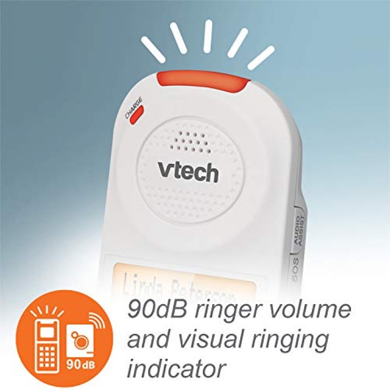 VTech SN5127 자동 응답기, 통화 차단, 90dB 고음의 시각적 벨소리, 최대 50dB의 핸드셋 원터치 오디오 지원, 대형 버튼 및 대형 디스플레이를 갖춘 증폭된 무선 노인 전화기, 흰색