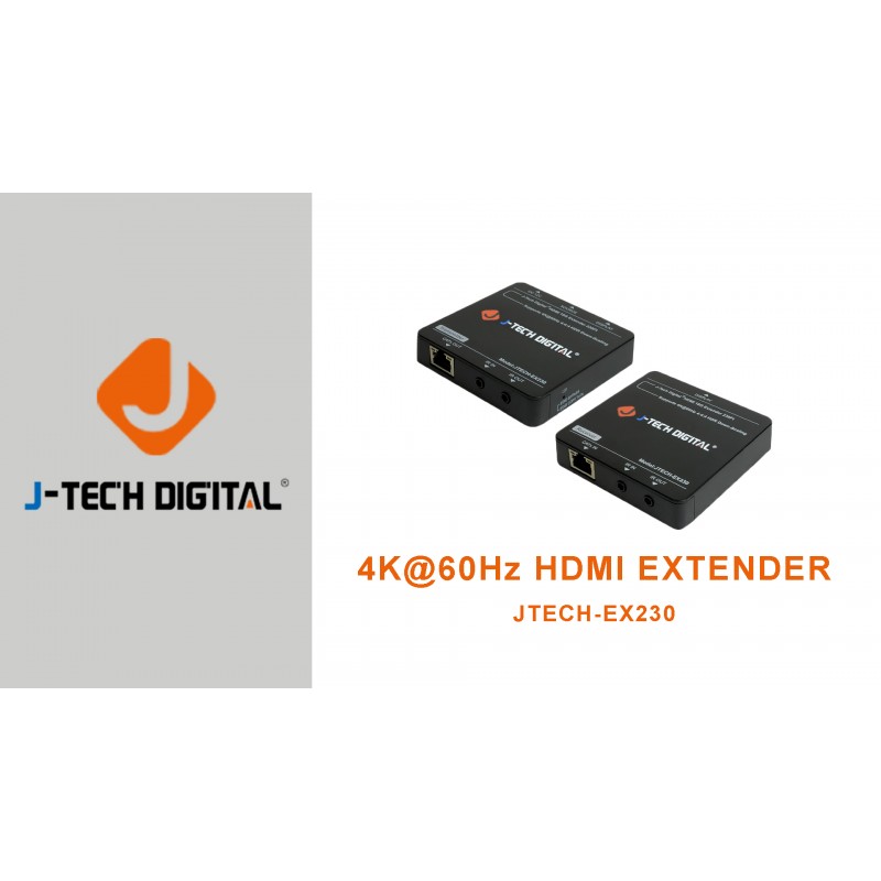 J-Tech 디지털 4K@60Hz HDMI 연장기(Cat 5e/6 이더넷 케이블 230Ft, HDMI 루프 출력, PoC, HDR, 다운스케일러, EDID 패스/복사 듀얼 IR 패스스루 포함) [JTECH-EX230]