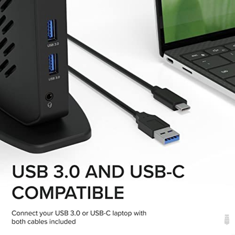 Windows 및 Mac용 DisplayPort 및 HDMI를 갖춘 플러그형 USB 3.0 및 USB-C 듀얼 4K 디스플레이 도킹 스테이션(듀얼 4K DisplayPort 및 HDMI, 기가비트 이더넷, 오디오, USB 포트 6개) 세로 검정색