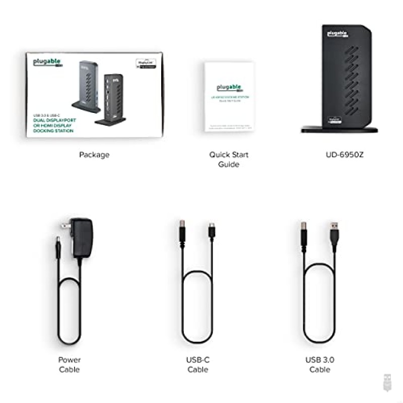 Windows 및 Mac용 DisplayPort 및 HDMI를 갖춘 플러그형 USB 3.0 및 USB-C 듀얼 4K 디스플레이 도킹 스테이션(듀얼 4K DisplayPort 및 HDMI, 기가비트 이더넷, 오디오, USB 포트 6개) 세로 검정색