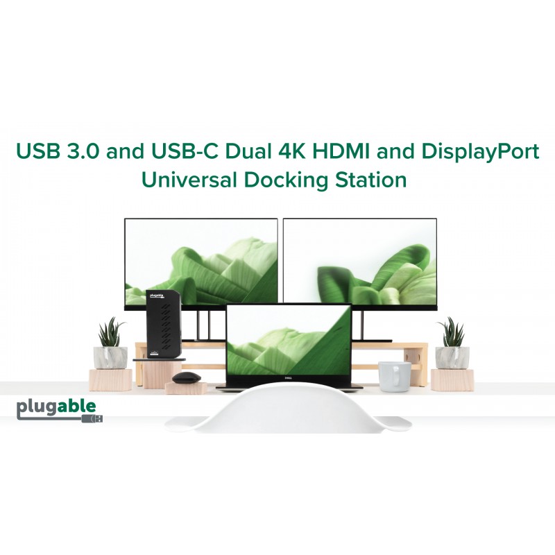 Windows 및 Mac용 DisplayPort 및 HDMI를 갖춘 플러그형 USB 3.0 및 USB-C 듀얼 4K 디스플레이 도킹 스테이션(듀얼 4K DisplayPort 및 HDMI, 기가비트 이더넷, 오디오, USB 포트 6개) 세로 검정색