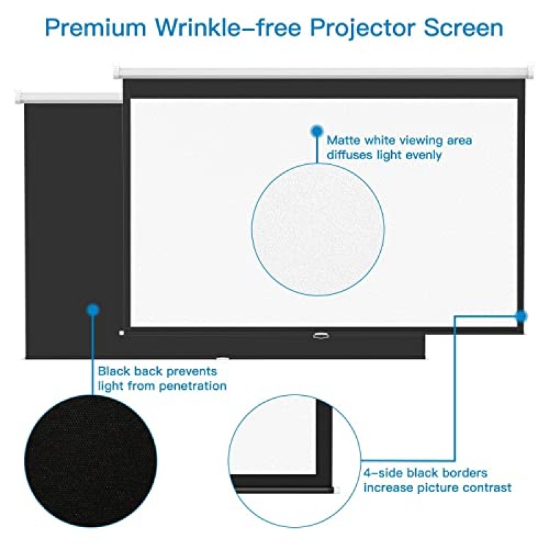 PERLESMITH 프로젝터 스크린 100 인치 16:9 4K 3D 1080P HD 용 자동 잠금 휴대용 프로젝션 스크린, 실내 실외 홈 시어터 사무실 영화용 수동 프로젝터 스크린 풀다운