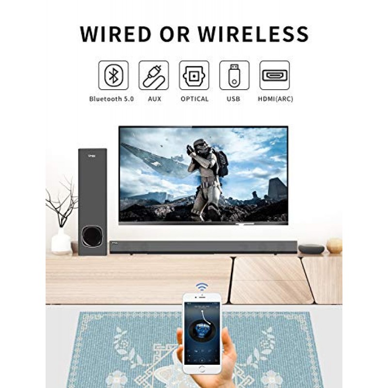 사운드 바, 서브우퍼가 포함된 TV 사운드 바, 120W 2.1 사운드바, TV용 유선 및 무선 Bluetooth 5.0 스피커, 34인치, HDMI/광학/Aux/USB, 홈 시어터용 벽걸이형 베이스 조절 가능 서라운드 사운드