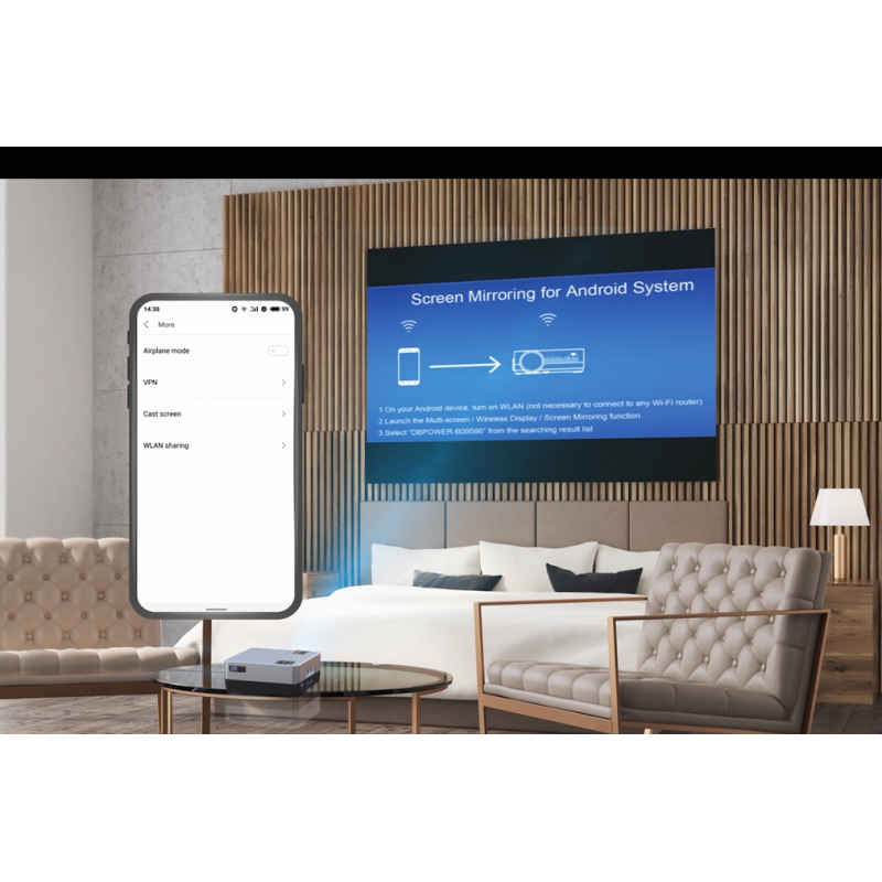 DBPOWER WiFi 프로젝터, 9000L 풀 HD 1080p 비디오 프로젝터(휴대용 케이스 포함), iOS/Android 동기화 화면 지원, 줌 및 취침 타이머, 스마트폰/노트북과 호환되는 4.3인치 LCD 홈 영화 프로젝터