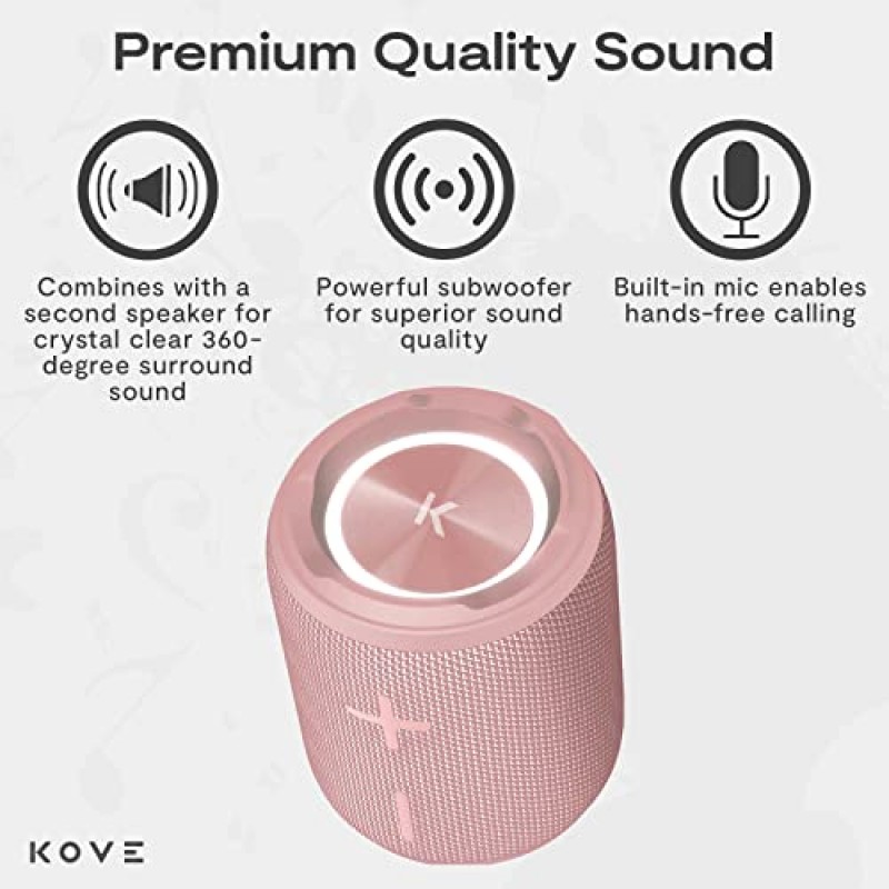 KOVE Mini Commuter 2 휴대용 스피커 - 핑크 Bluetooth 스피커, HD 더 큰 볼륨의 무선, 깊은 베이스 서브우퍼, 마이크, IPX7 방수 - 가정, 야외 또는 여행을 위한 완벽한 붐박스