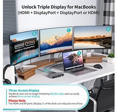 MacBook M1/M2/Windows용 Displaylink 삼중 디스플레이 도킹 스테이션, Minisopuru 노트북 DisplayLink 도킹 스테이션, HDMI 2개 및 DisplayPort 2개, 100W 충전, USB-C 데이터, 이더넷, 오디오, USBA 포트 4개