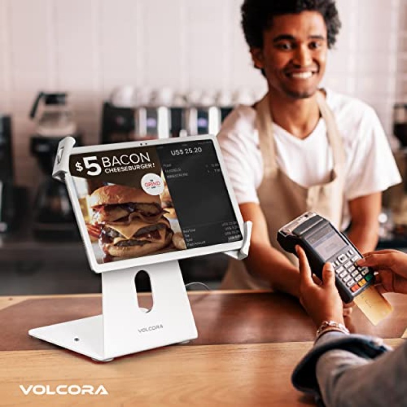 도난 방지 잠금 장치가 있는 Volcora 태블릿 iPad 홀더 - 흰색 10-13인치 태블릿 스탠드 마운트, 회전, 회전, POS 등록기, 소매업, 체크아웃 키오스크, 디스플레이 테이블 및 출납원용 보안 클램프