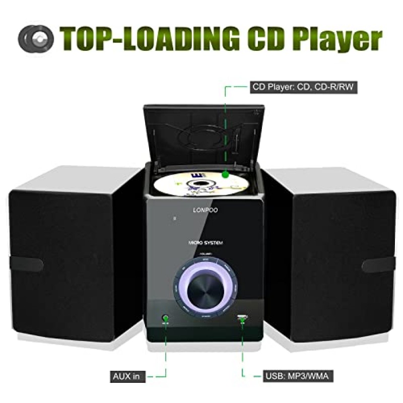 홈 CD 스테레오 선반 시스템 - CD 플레이어, Bluetooth, FM 라디오, Aux-in, USB 재생, 양방향 음악 선명한 사운드, DSP-Tech, 원격 제어 기능을 갖춘 30W 컴팩트 마이크로 스테레오 시스템