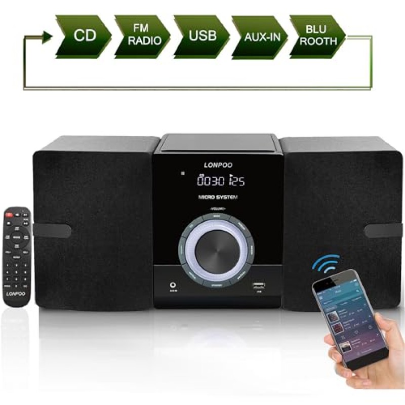 홈 CD 스테레오 선반 시스템 - CD 플레이어, Bluetooth, FM 라디오, Aux-in, USB 재생, 양방향 음악 선명한 사운드, DSP-Tech, 원격 제어 기능을 갖춘 30W 컴팩트 마이크로 스테레오 시스템