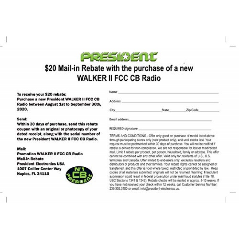 President Electronics WALKER II FCC AM 트랜시버 CB 라디오, 40채널 AM, 채널 로터리 스위치, 볼륨 조정 및 ON/OFF, 수동 스퀠치 및 ASC, 다기능 LCD 디스플레이