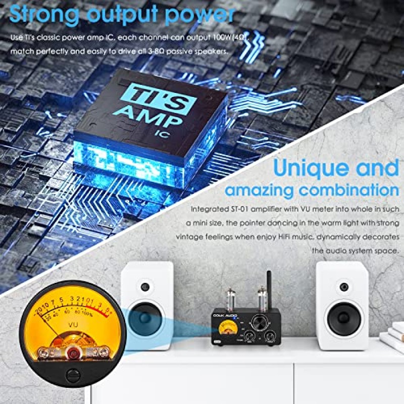 Douk Audio ST-01 200W Bluetooth 증폭기, USB DAC/동축 광 입력/VU 미터/홈 ​​시어터/스테레오 스피커용 고음 저음 제어 기능이 있는 2채널 진공관 파워 앰프(업그레이드 버전)