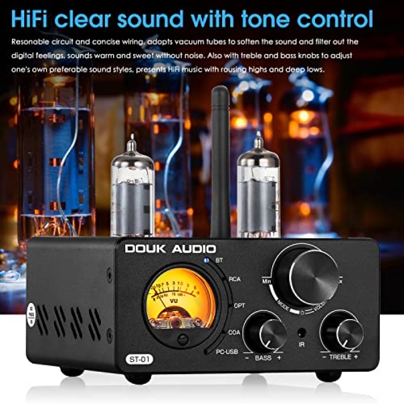 Douk Audio ST-01 200W Bluetooth 증폭기, USB DAC/동축 광 입력/VU 미터/홈 ​​시어터/스테레오 스피커용 고음 저음 제어 기능이 있는 2채널 진공관 파워 앰프(업그레이드 버전)