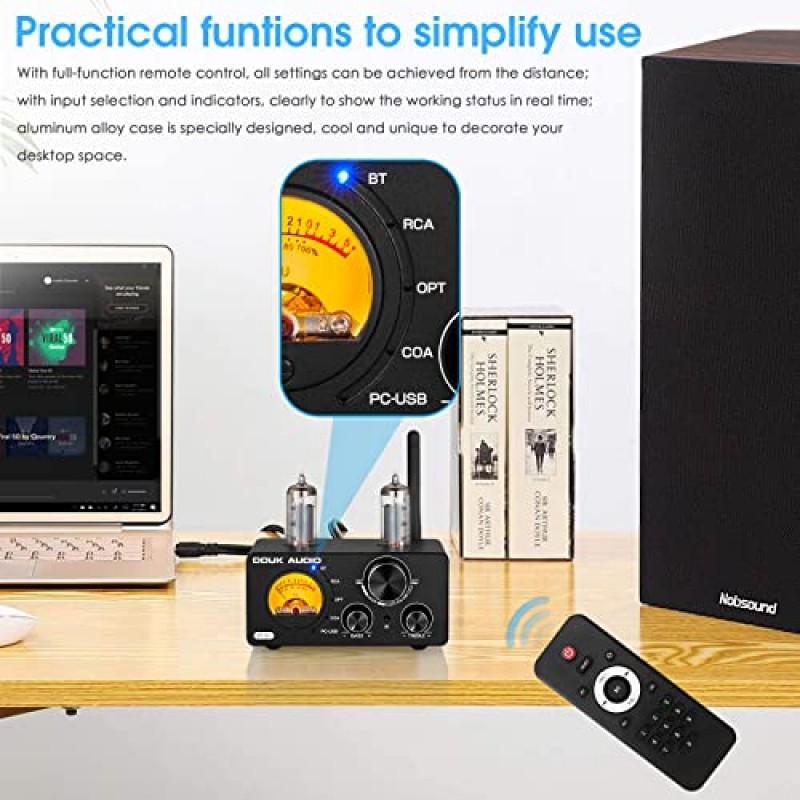 Douk Audio ST-01 200W Bluetooth 증폭기, USB DAC/동축 광 입력/VU 미터/홈 ​​시어터/스테레오 스피커용 고음 저음 제어 기능이 있는 2채널 진공관 파워 앰프(업그레이드 버전)