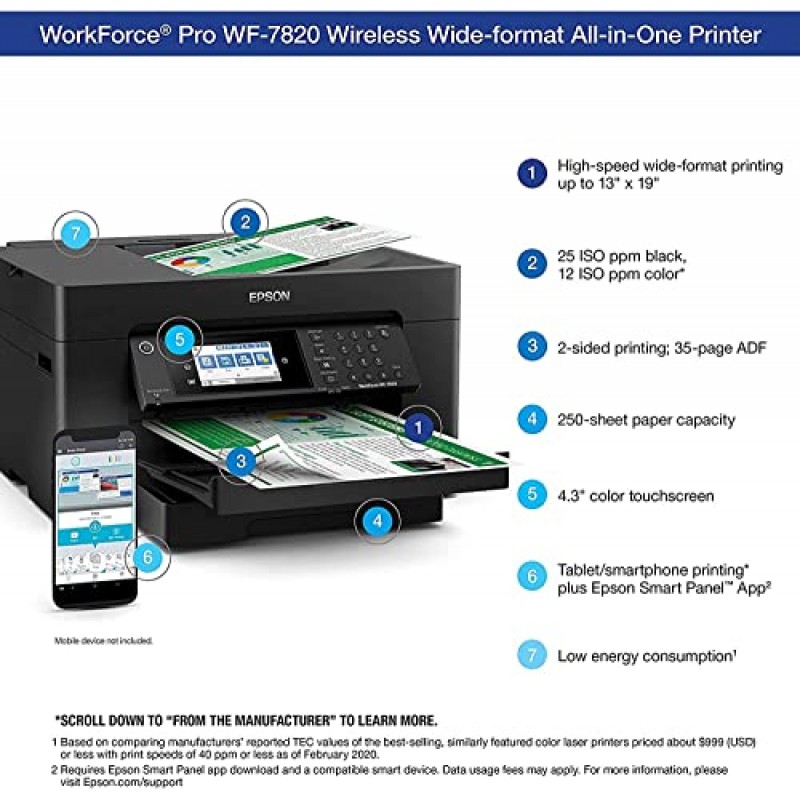 Epson Workforce Pro WF-7820 와이드 포맷 무선 올인원 컬러 잉크젯 프린터, 검정 - 인쇄 스캔 복사 팩스 - 4.3