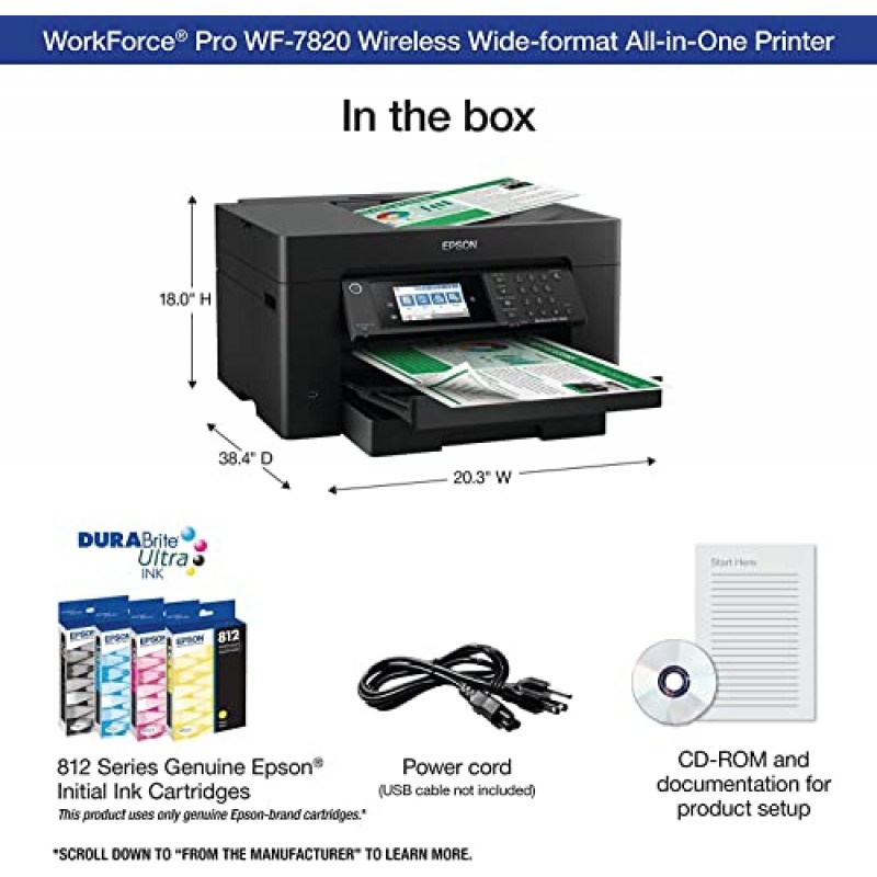 Epson Workforce Pro WF-7820 와이드 포맷 무선 올인원 컬러 잉크젯 프린터, 검정 - 인쇄 스캔 복사 팩스 - 4.3