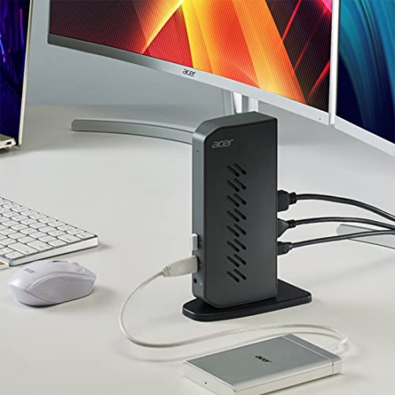 Windows용 Acer U301 USB 3.0 도크 | 2개의 HDMI 포트 | USB 3.1 Gen 1 포트 2개 | USB 2.0 포트 4개 | 기가비트 이더넷 | 컴퓨터에 USB 3.1 Type A 또는 USB 3.1 Type-C 1개가 필요 | 회색