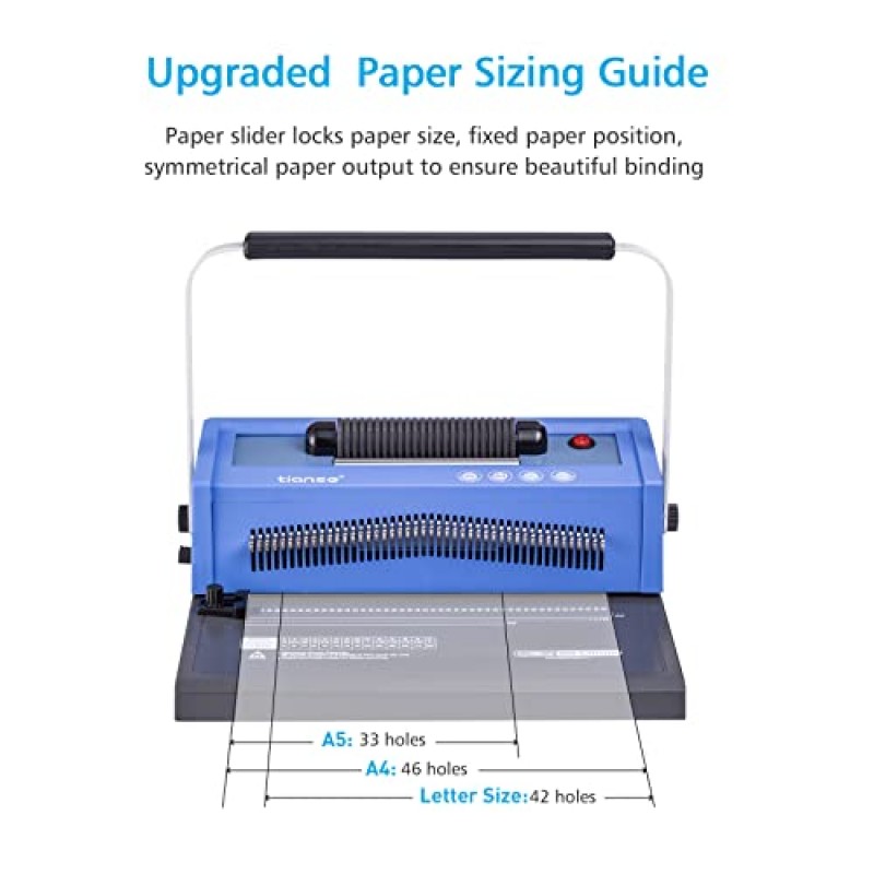 TIANSE 나선형 코일 바인딩 기계, 전기 코일 삽입 장치가 있는 수동 북 메이커 펀치 바인더, 분리 핀, 조정 가능한 측면 여백, 100pcs 5/16' 플라스틱 코일 바인딩 척추 및 플라이어와 함께 제공