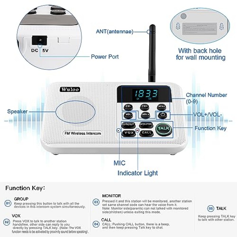 Wuloo Intercoms 무선 가정용 1 마일 범위 22 채널 100 디지털 코드 디스플레이 화면, 가정용 비즈니스 사무실용 무선 인터콤 시스템, 방 간 인터콤 통신(3스테이션 화이트)