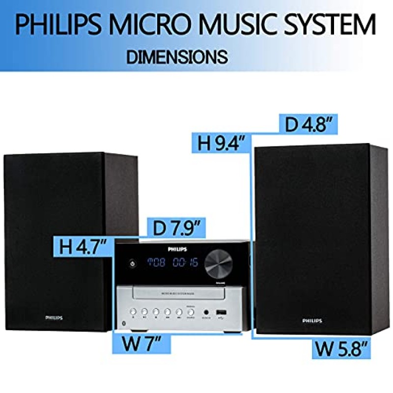 CD 플레이어, 무선 스트리밍, MP3, USB, 오디오 입력, FM 라디오, 15W, 마이크로 음악 사운드 시스템을 갖춘 가정용 PHILIPS Bluetooth 스테레오 시스템