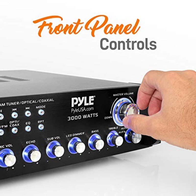 Pyle Bluetooth 다중 채널 하이브리드 전치 증폭기 시스템 - 3000W 홈 오디오 랙 마운트 스테레오 전력 증폭기 수신기(라디오, USB, UHF, 듀얼 무선 노래방 마이크, 스피커 사운드 시스템 포함) -PWMA4004BT
