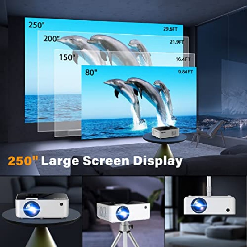 네이티브 1080P 블루투스 프로젝터 - BIGASUO 250인치 스크린을 갖춘 야외 영화 프로젝터, HDMI, VGA, USB, 노트북, iOS 및 Android 스마트폰과 호환되는 풀 HD 휴대용 홈 시어터 비디오 프로젝터