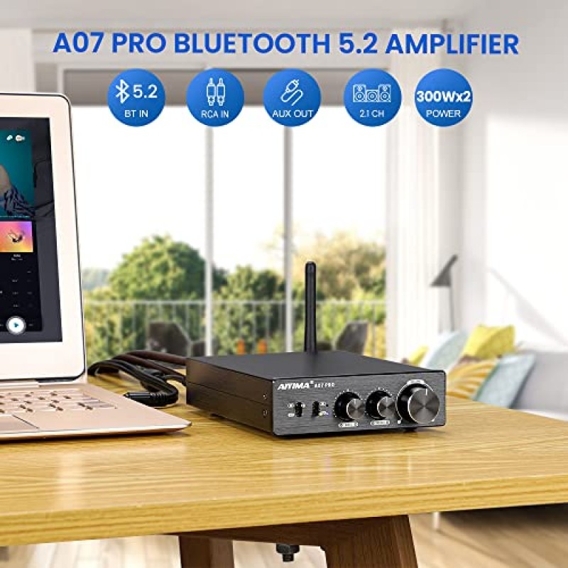 [업그레이드됨] AIYIMA A07 Pro TPA3255 스테레오 증폭기 Bluetooth 5.2 300Wx2 HiFi 클래스 D 앰프 2.0/2.1 저음 고음 제어 및 라인 출력 + 전원 어댑터가 있는 스피커용 채널 오디오 전력 증폭기