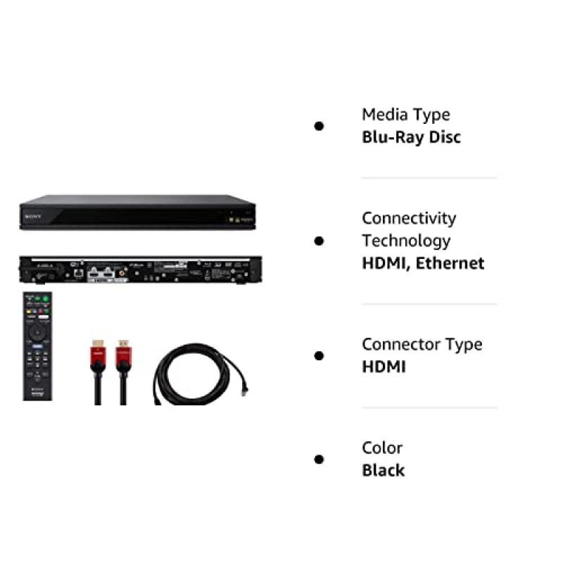 Sony UBP-X800M2 4K Ultra HD 블루레이 플레이어, HDR 번들, 6피트 고속 프리미엄 HDMI 케이블 및 이더넷 케이블(3개 항목)