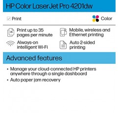 HP 컬러 레이저젯 프로 4201dw 무선 프린터, 인쇄, 빠른 속도, 간편한 설정, 모바일 인쇄, 고급 보안, 소규모 팀에 적합, 흰색