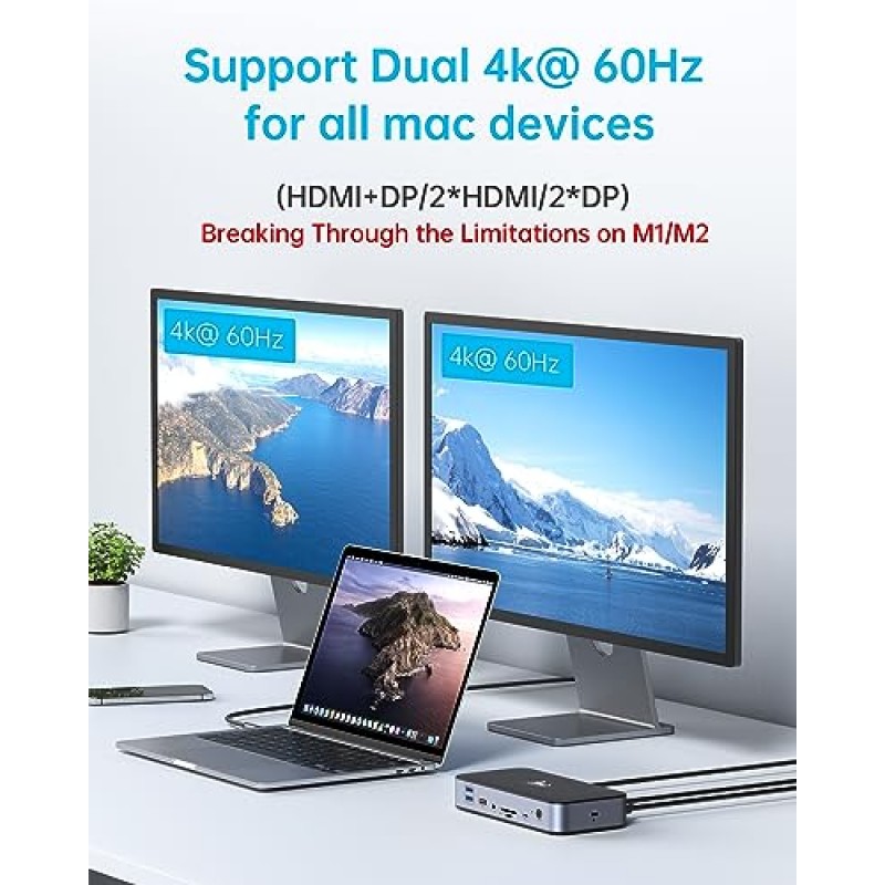 DisplayLink 도킹 스테이션 듀얼 모니터, MacBook M1 M2/Windows용 DisplayLink USB C 독,USB 3.0 듀얼 4K HDMI 및 디스플레이포트,2.5 기가비트 이더넷,120W DC 전원 공급 장치, USB 포트 6개,SD/마이크로 SD,오디오