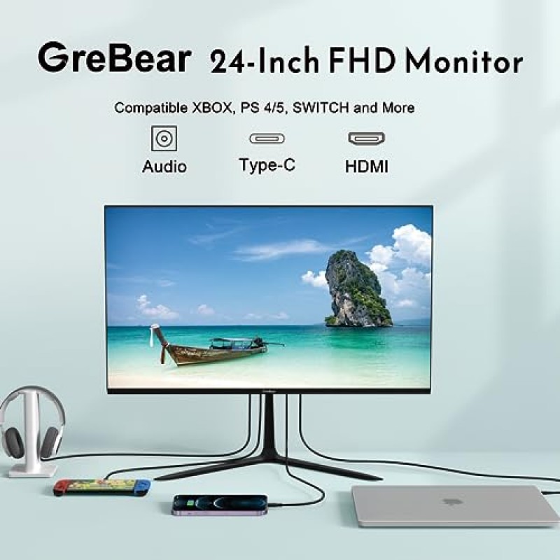 GreBear 24인치 컴퓨터 모니터, FHD 1080p PC 모니터 75hz 내장 스피커, 99% sRGB 저청색광 눈부심 방지 VA 스크린 데스크탑 디스플레이(HDMI/USB Type-C/Freesync 기울기 조절 가능) 75 x 75mm VESA