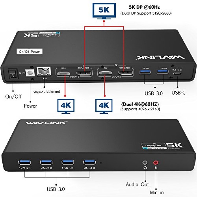 WAVLINK USB C 범용 도킹 스테이션, 15-in-1 Ultra 5K 듀얼 4K HD 다중 디스플레이 도크(데스크탑 노트북 PC용 HDMI/2 DisplayPort/기가비트 이더넷/6 USB 3.0/Type C/오디오/마이크/DC 잭 포함)