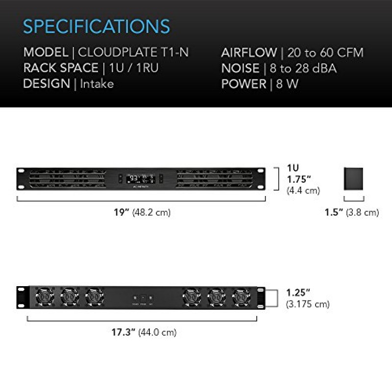 AC Infinity CLOUDPLATE T1-N, 랙 마운트 팬 패널 1U, 흡입 공기 흐름, AV 냉각용, 홈 시어터, 네트워크 19인치 랙