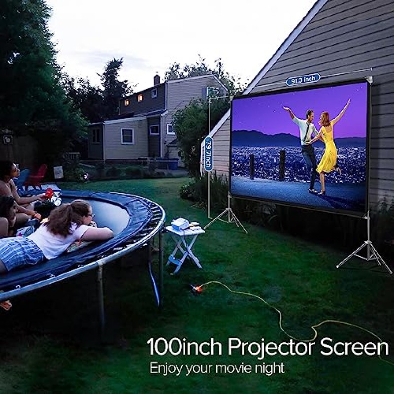 프로젝터 스크린 및 스탠드 - Velcolt 휴대용 비디오 프로젝션 스크린 100인치, 16:9 4K HD 후면 전면 접이식 야외 영화 스크린, 실내 실외 홈 시어터 뒷마당 캠핑용 휴대용 가방 포함