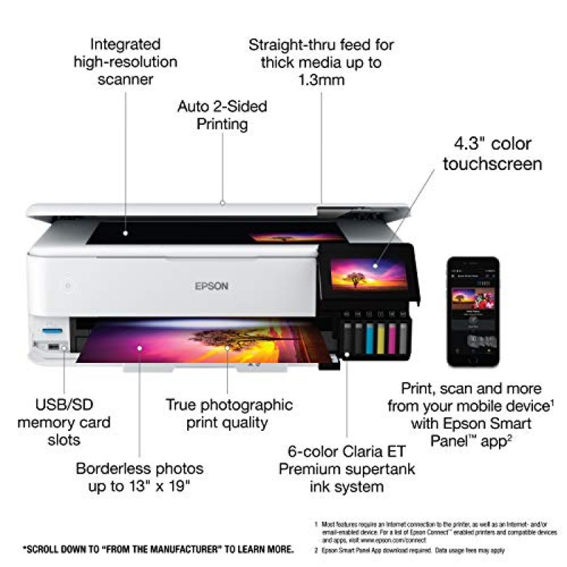 Epson EcoTank Photo ET-8550 무선 와이드 포맷 올인원 슈퍼탱크 프린터(스캐너, 복사기, 이더넷 및 4.3인치 컬러 터치스크린 포함), 대형, 흰색