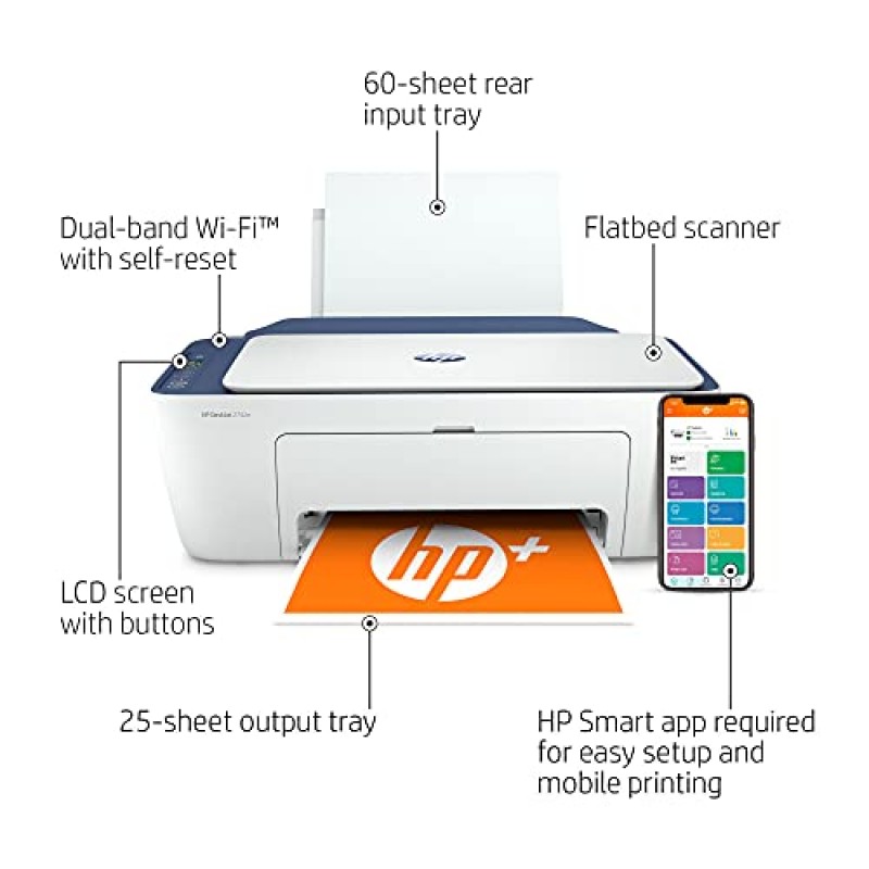 HP DeskJet 2742 시리즈 복합기 컬러 잉크젯 프린터 I 인쇄 복사 스캔 I 무선 USB 연결 I 모바일 인쇄 I 최대 4800 x 1200 DPI 인쇄 최대 7 ISO PPM I 파란색 + 프린터 케이블