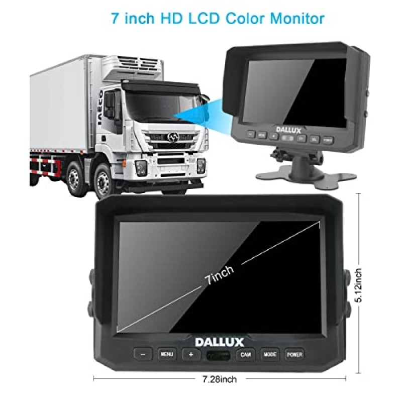 DALLUX 트럭 백업 카메라 키트, 버스/트럭/밴/트레일러/RV/캠핑카/모터 홈/픽업/수확/대형 차량(12V-24V)용 7인치 모니터 + 4핀 연장 케이블이 포함된 HD 1080P 후방 운전실 캠