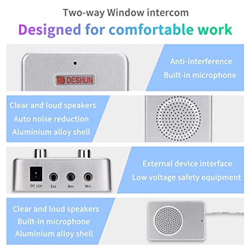 DESHUN 창 인터콤 시스템 양방향, 창 스피커, 유리에 부착할 수 있는 무전기, 내장 마이크, 비즈니스/은행/사무실/병원/역/케이터링용 인터콤 시스템