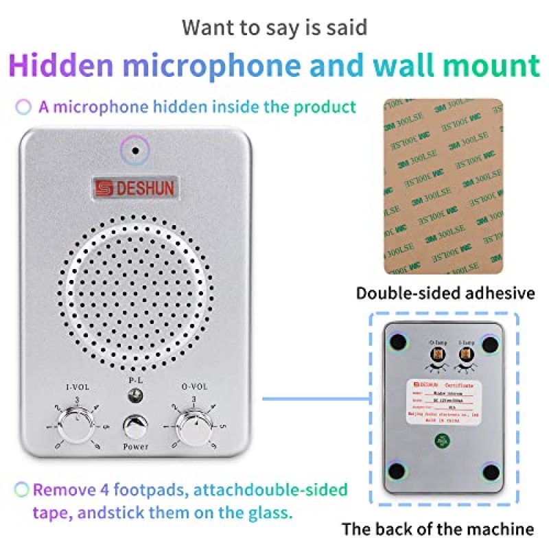 DESHUN 창 인터콤 시스템 양방향, 창 스피커, 유리에 부착할 수 있는 무전기, 내장 마이크, 비즈니스/은행/사무실/병원/역/케이터링용 인터콤 시스템