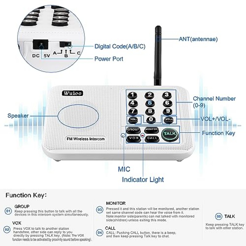 가정용 Wuloo Intercoms 무선 5280 피트 범위 10 채널 3 코드, 가정용 비즈니스 사무실용 무선 인터콤 시스템, 방 간 인터콤, 홈 통신 시스템(2개 세트, 흰색)