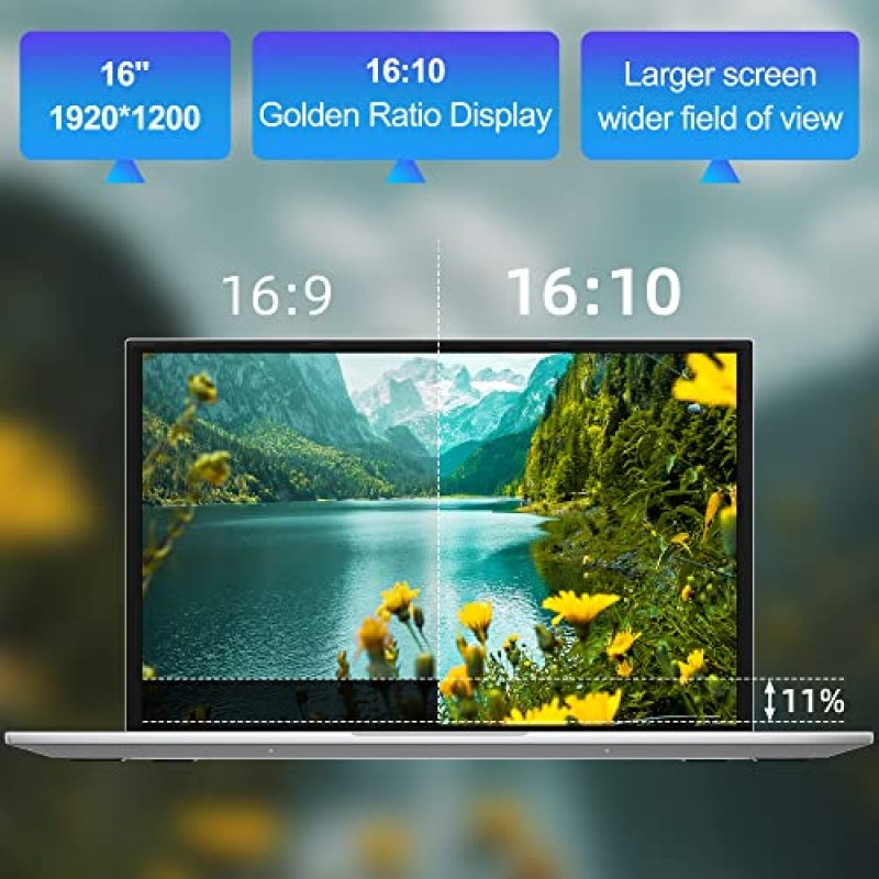 점퍼 노트북, 16GB RAM 512GB SSD, 쿼드 코어 Intel N100 프로세서, 16인치 FHD IPS 화면(1920x1200), 스테레오 스피커 4개를 갖춘 노트북 컴퓨터, 듀얼 밴드 WiFi, 냉각 시스템, 38WH 배터리, 회색.