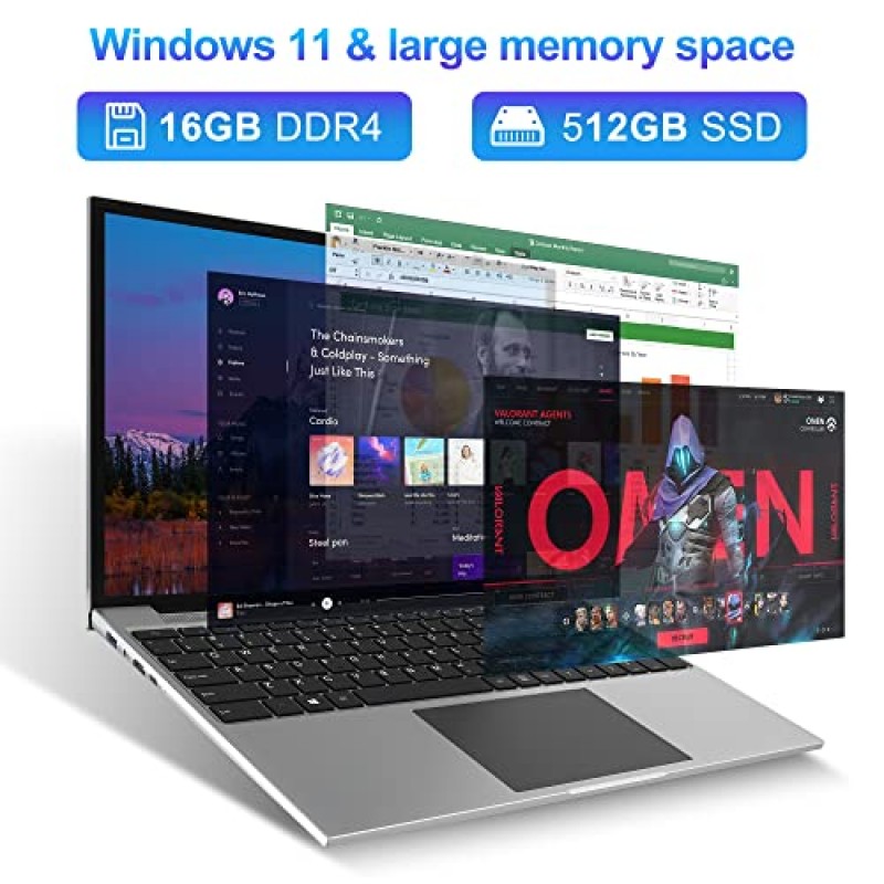 점퍼 노트북, 16GB RAM 512GB SSD, 쿼드 코어 Intel N100 프로세서, 16인치 FHD IPS 화면(1920x1200), 스테레오 스피커 4개를 갖춘 노트북 컴퓨터, 듀얼 밴드 WiFi, 냉각 시스템, 38WH 배터리, 회색.