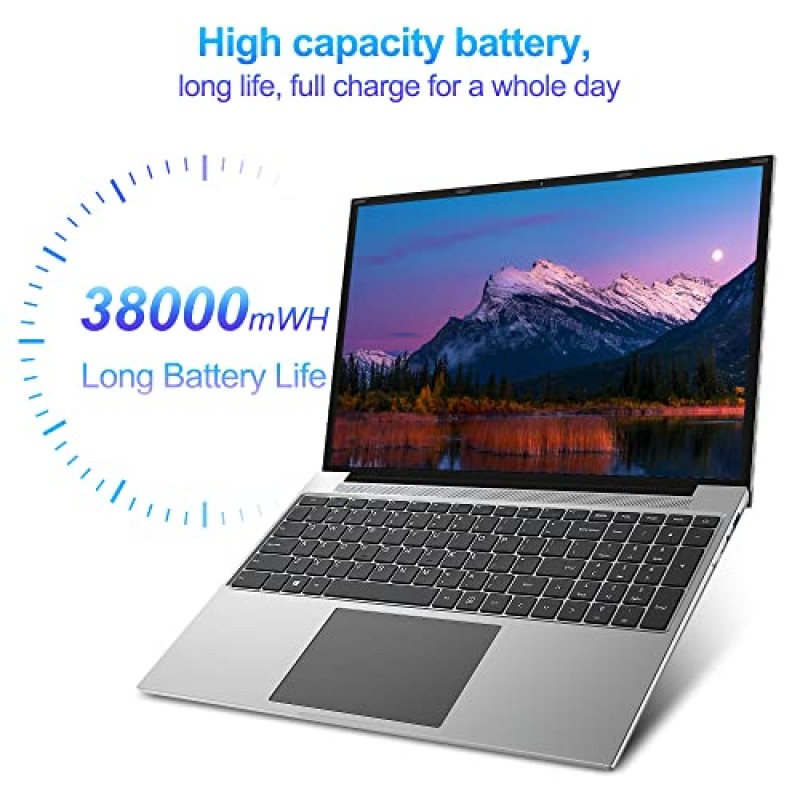 점퍼 노트북, 16GB RAM 512GB SSD, 쿼드 코어 Intel N100 프로세서, 16인치 FHD IPS 화면(1920x1200), 스테레오 스피커 4개를 갖춘 노트북 컴퓨터, 듀얼 밴드 WiFi, 냉각 시스템, 38WH 배터리, 회색.