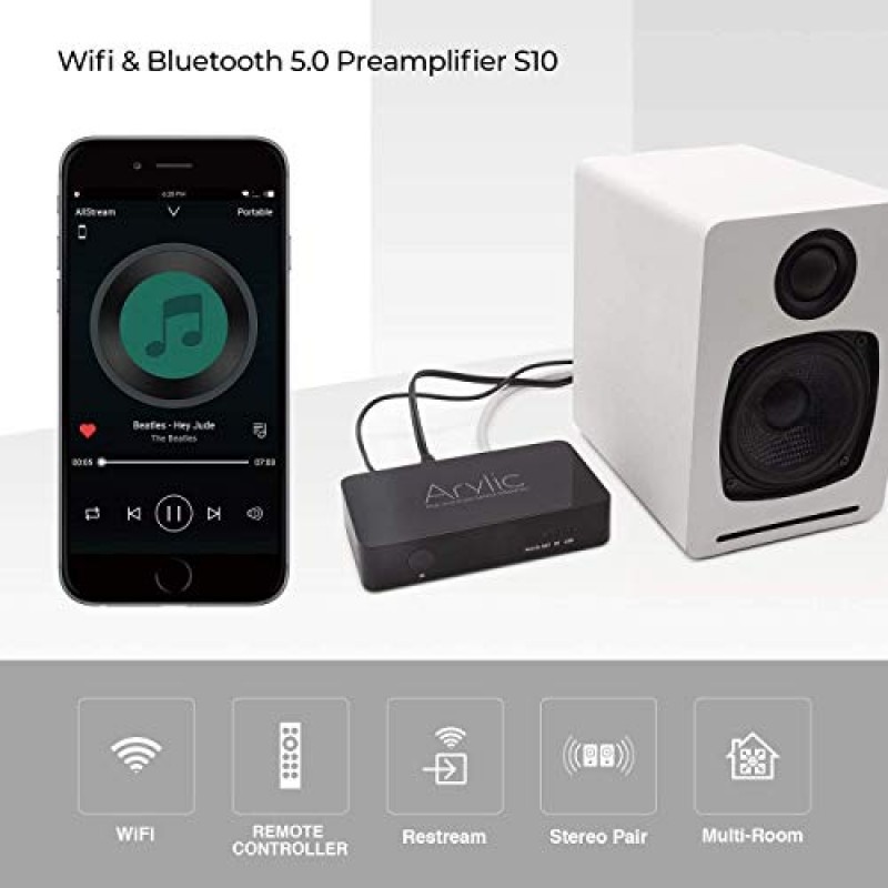 Arylic S10 WiFi 및 Bluetooth 5.0 프리앰프/오디오 수신기, Airplay가 포함된 무선 멀티룸/멀티존 홈 스테레오 음악 수신기 회로 모듈, DIY 스피커용 Spotify 연결 및 원격 제어