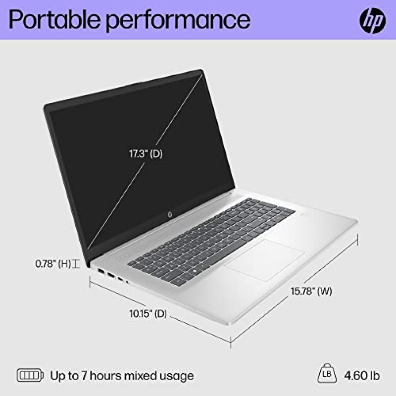 HP 17인치 노트북, HD+ 디스플레이, 12세대 Intel Core i5-1235U, 8GB RAM, 512GB SSD, Intel Iris Xe 그래픽, Windows 11 Home, 17-cn2099nr(2023), 실버