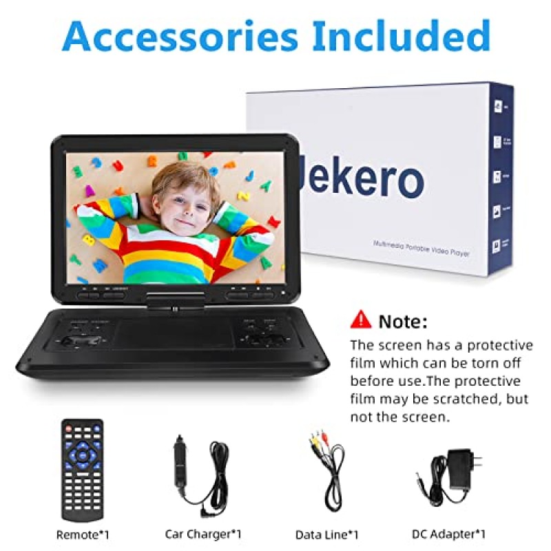Jekero 16.9인치 휴대용 DVD 플레이어(14.1인치 HD 대형 회전 스크린 포함), 간편한 제어를 위한 화면 버튼이 있는 휴대용 DVD 플레이어, 6시간 배터리, 차량용 충전기, 지역 무료, USB/SD 카드 지원, 블랙