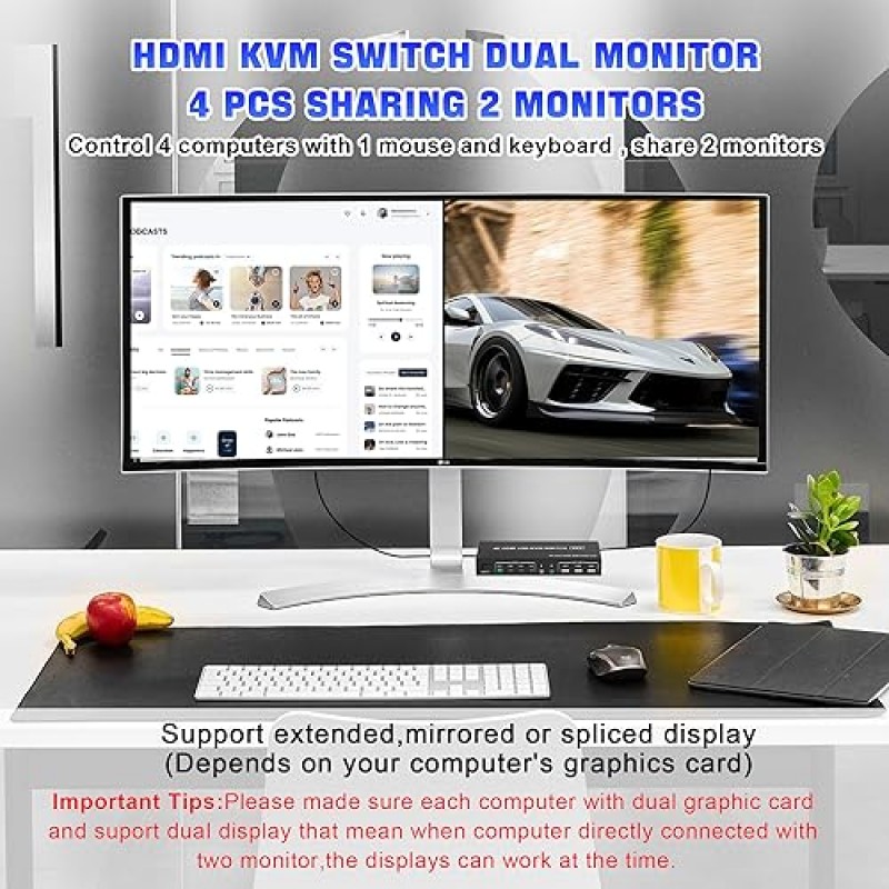 4 포트 HDMI 듀얼 모니터 KVM 스위치, EDID 지원, 4K 60Hz KVM 스위치 2 모니터 4 컴퓨터, 오디오 마이크 출력 및 3 USB 2.0 포트, 4 PC용 PC 모니터 키보드 마우스 스위처