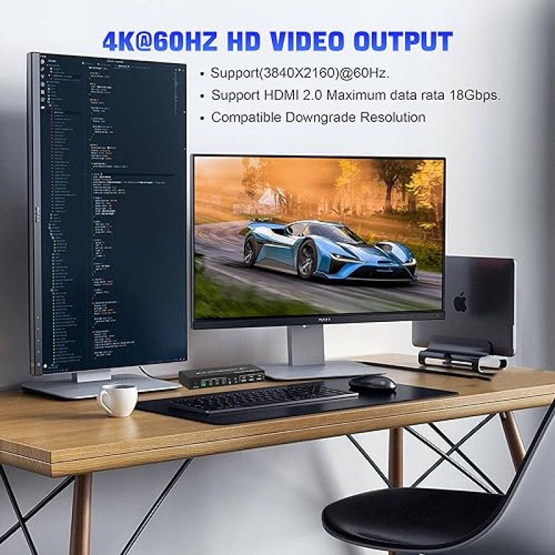 4 포트 HDMI 듀얼 모니터 KVM 스위치, EDID 지원, 4K 60Hz KVM 스위치 2 모니터 4 컴퓨터, 오디오 마이크 출력 및 3 USB 2.0 포트, 4 PC용 PC 모니터 키보드 마우스 스위처