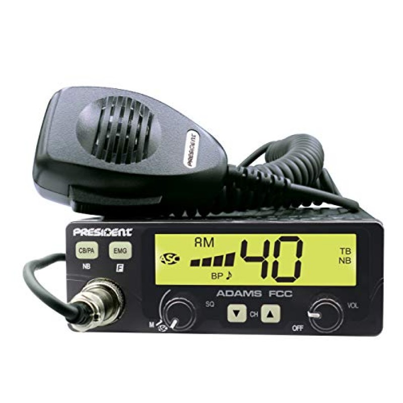 Adams FCC CB 라디오, 7가지 색상의 대형 LCD, 프로그래밍 가능한 EMG 채널 바로가기, Roger Beep 및 Key Beep, Electret 또는 Dynamic Mic, ASC 및 수동 스퀠치, 토크백